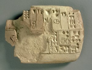 Tablet from Jamdat Nasr in Iraq, Listing Quantities of Various Commodities in Archaic Sumerian (early cuneiform script) by Sumerian